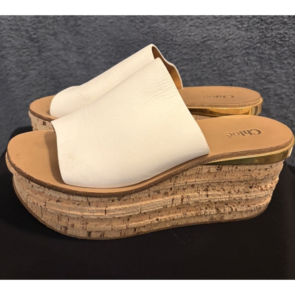 Chloe Camille Wedge Slide Sandals white Tan Gold Cork Platform 7.5